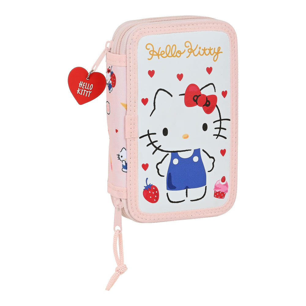 Dubbelt pennfodral Hello Kitty Happiness Girl Rosa Vit (12.5 x 19.5 x 4 cm) (28 pcs)